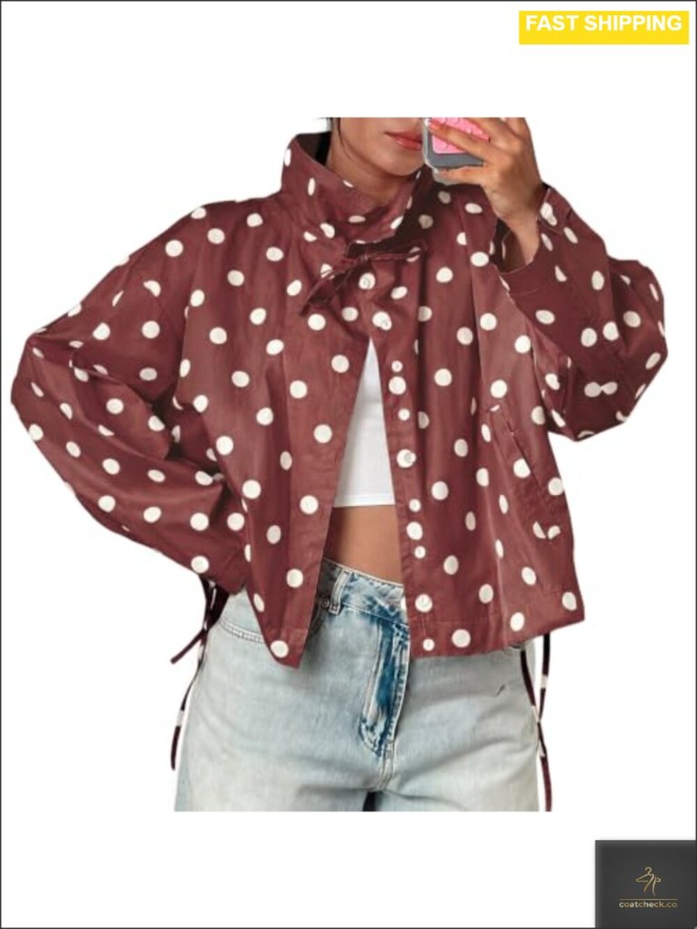 Womens Polka Dot Cropped Trench Coat Drawstring Loose Fit Casual Jacket